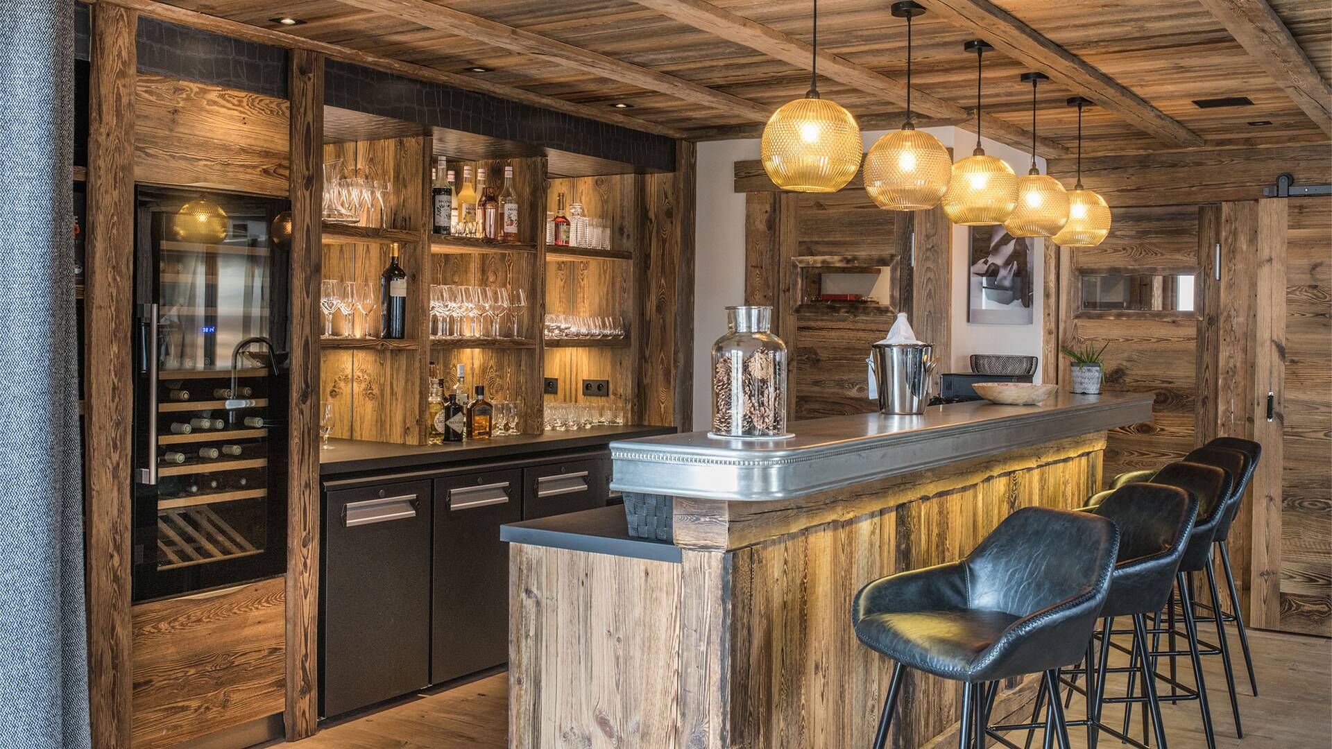 corner bar with counter and stools
