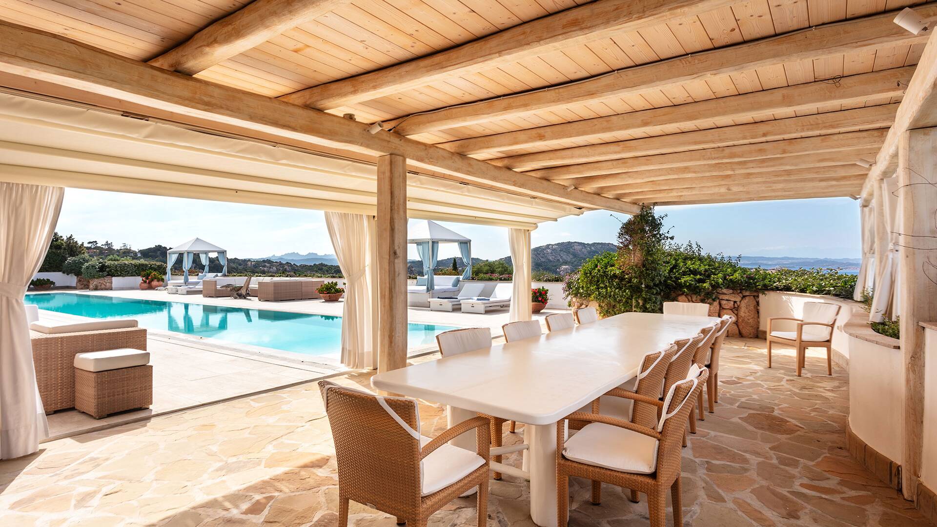 covered al fresco dining area with pool view