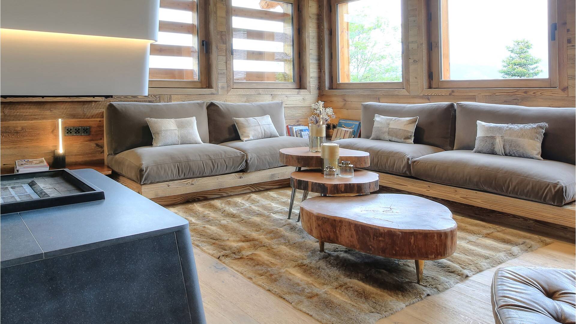 cosy living room with fireplace and coffee table