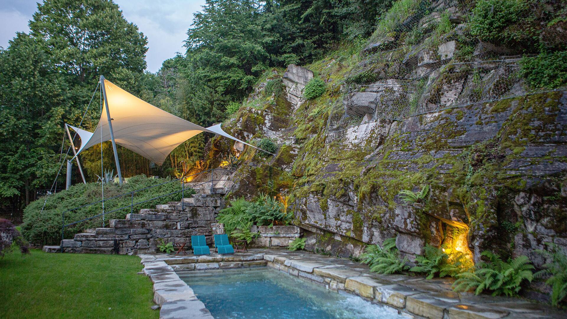 private swimming pool with covered area