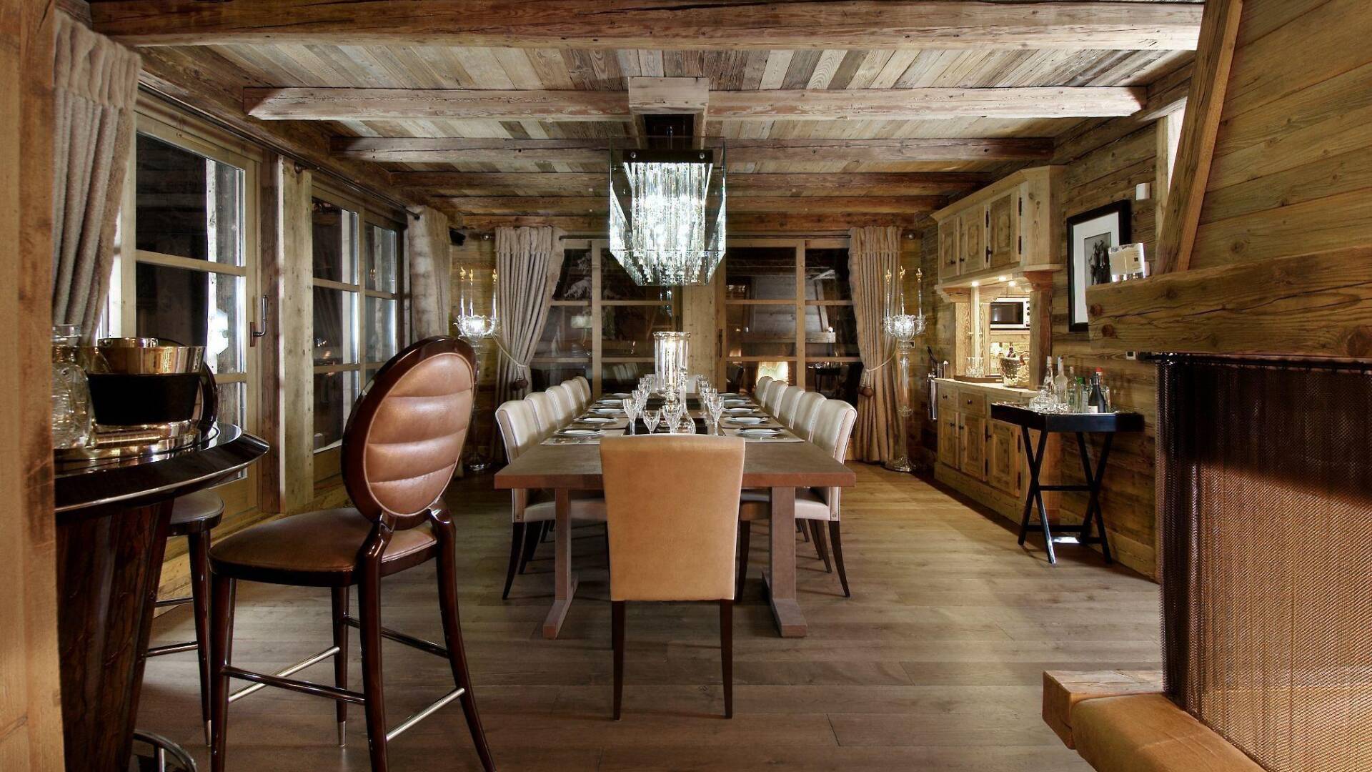 large dining area with wooden walls