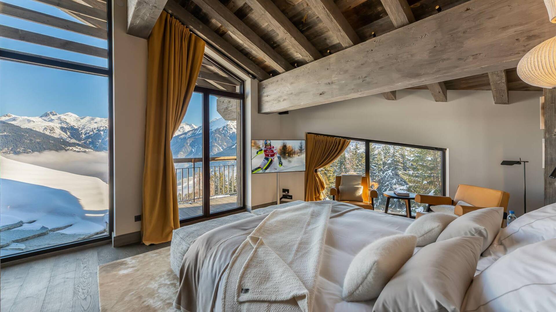 luxury double bedroom with floor-to-ceiling windows