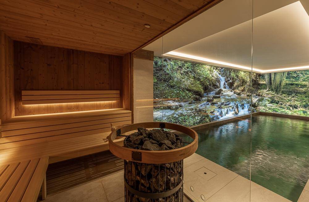 wellness area with indoor pool and private sauna